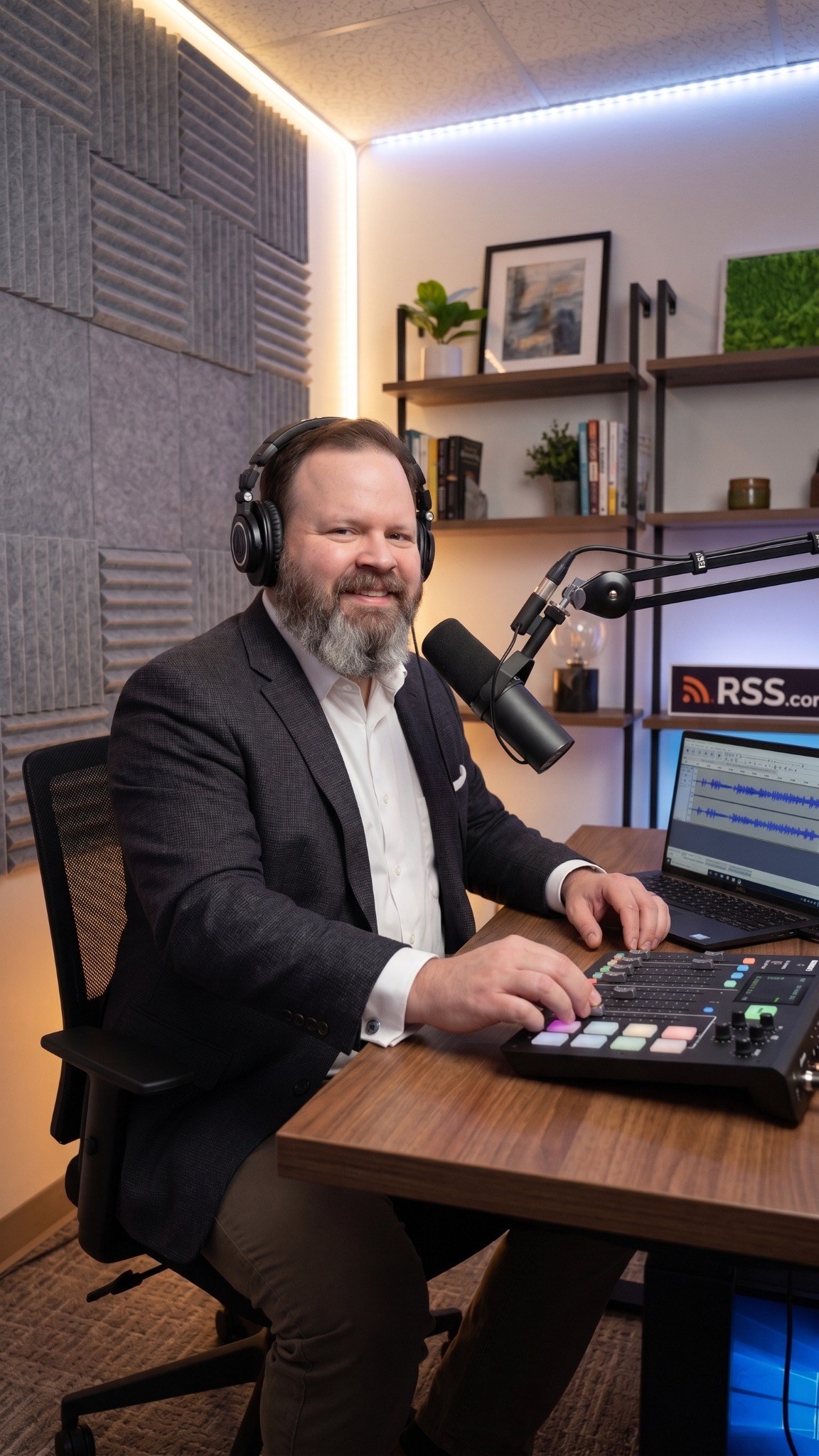 Dr. Mac seated behind a podcast microphone in a recording studio